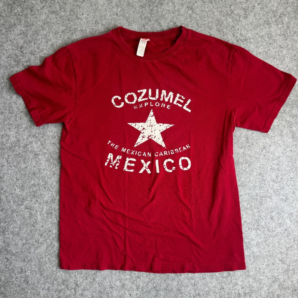 Euro Cotton Cozumel Explore Mexico Graphic T Shirt Mens L Red Souvenir Tee Star